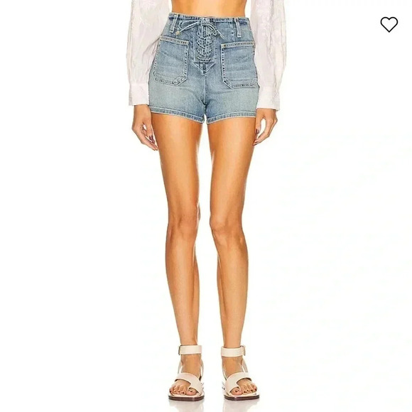 Nili Lotan Romance Lace Up Denim Jean Shorts Faded Wash Size 25 - Picture 1 of 12